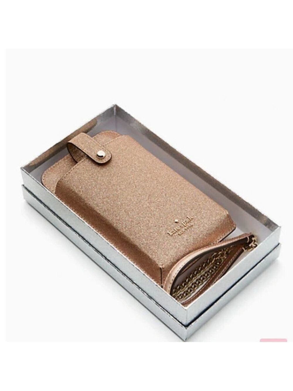 KATE SPADE SHIMMY GLITTER BOXED NORTH SOUTH TAB PHONE CROSSBODY IN ROSE GOLD